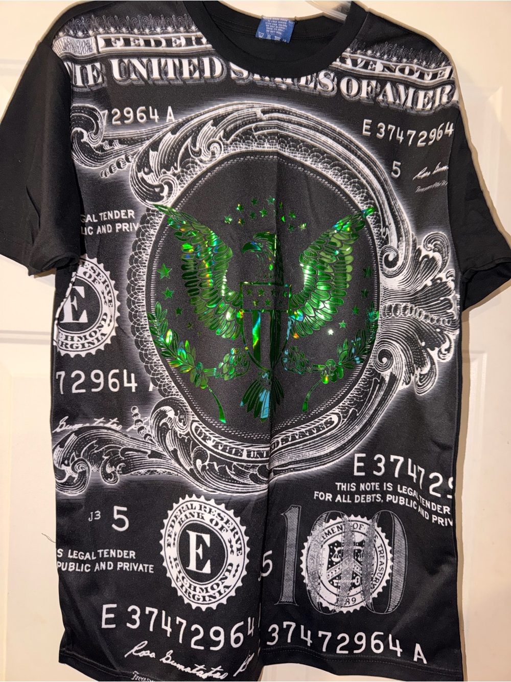 Dollar Print Graphic Tee with Iridescent Green Eagle